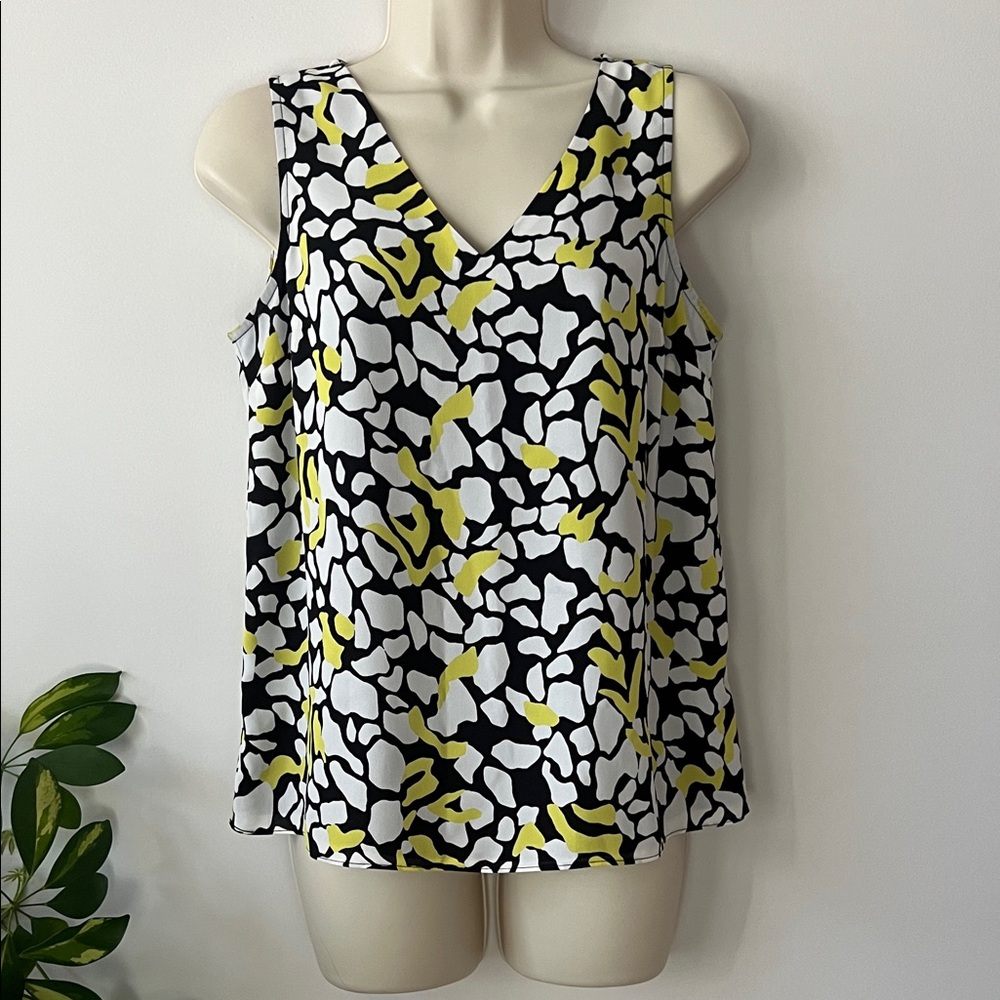 Nine West Abstract V-Neck Tank Top - Black, White, Yellow
